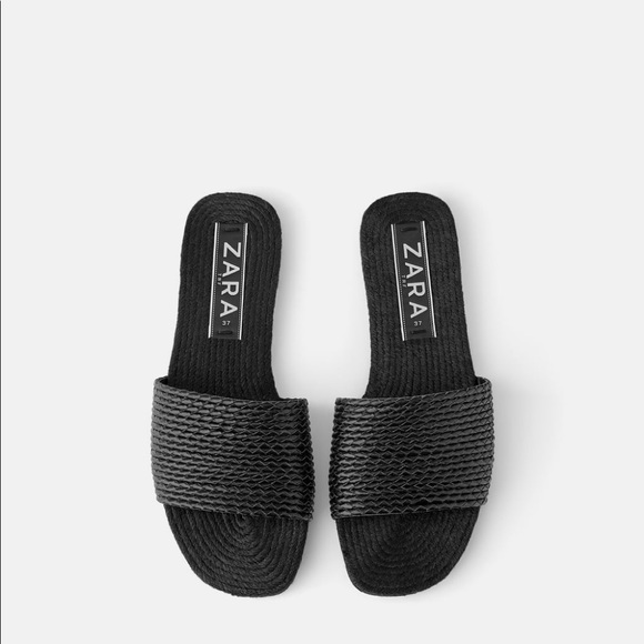NWT Zara Black Raffia Woven Flat Sandal Slides